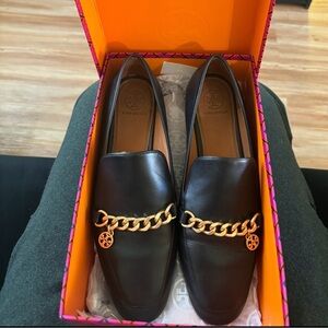 Tory Burch Black Loafers with Gold Chain Accent